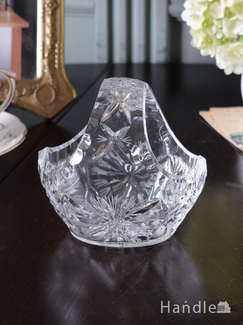 アンティークのガラス雑貨、キラキラ輝くプレスドグラスのバスケット (pg-7551)