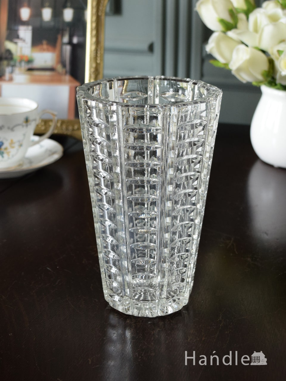 アンティークガラスのおしゃれな花瓶、豪華なイギリスのプレスドグラス (pg-7585)