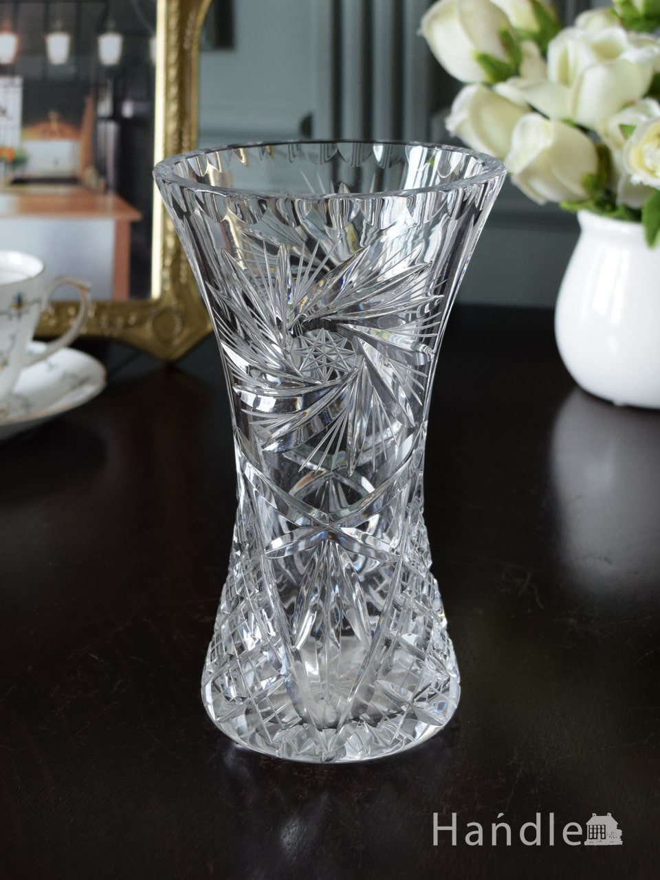 アンティークのガラス雑貨、大きなお花が型押しされたプレスドグラスのフラワーベース (pg-7586)