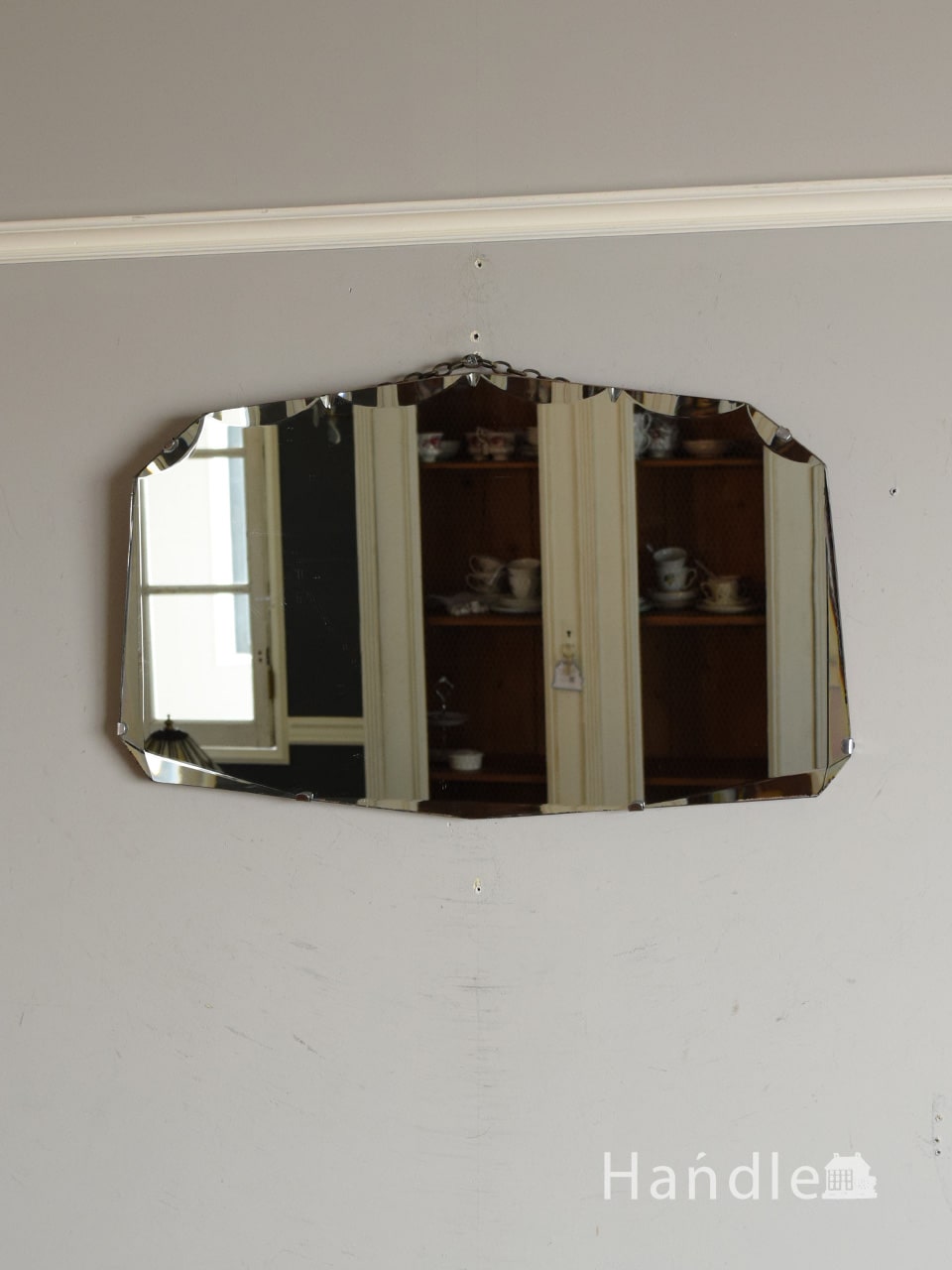 英国で見つけた壁掛け鏡、縁取りがキラキラ輝くおしゃれなアンティークカッティングミラー (k-5201-z)