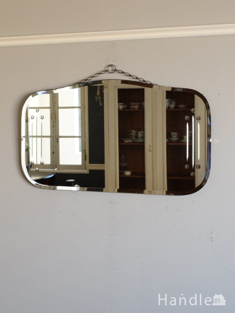 英国アンティークのカッティングミラー、アールデコのカッティングがおしゃれな壁掛け鏡 (k-5199-z)