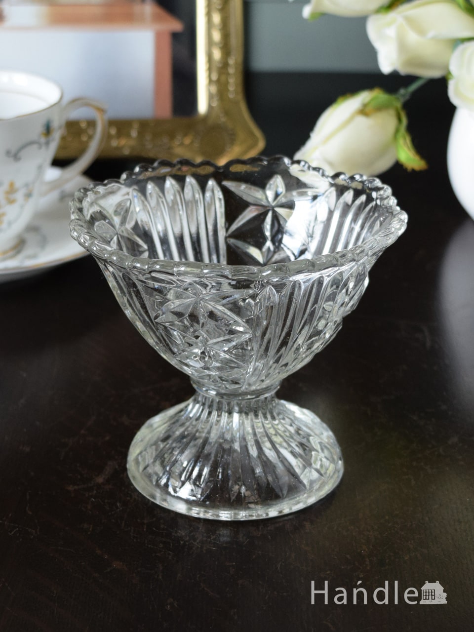 アンティークのガラス食器、細かいプレス模様が美しいデザートグラス (pg-7593)
