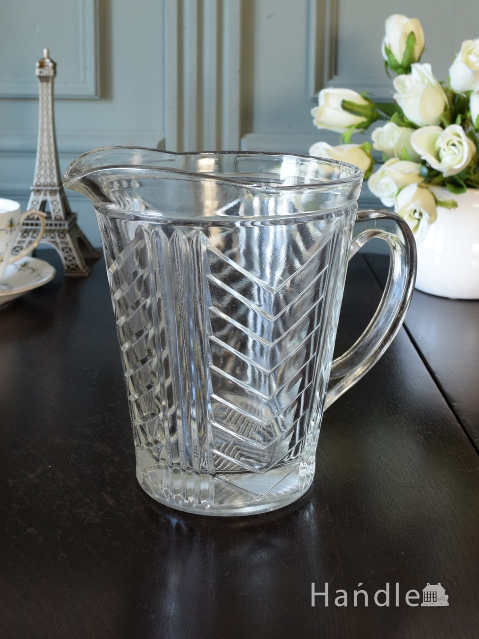 アンティークプレスドグラスのピッチャー、スッキリしたデザインのレモネードジャグ (pg-7711)