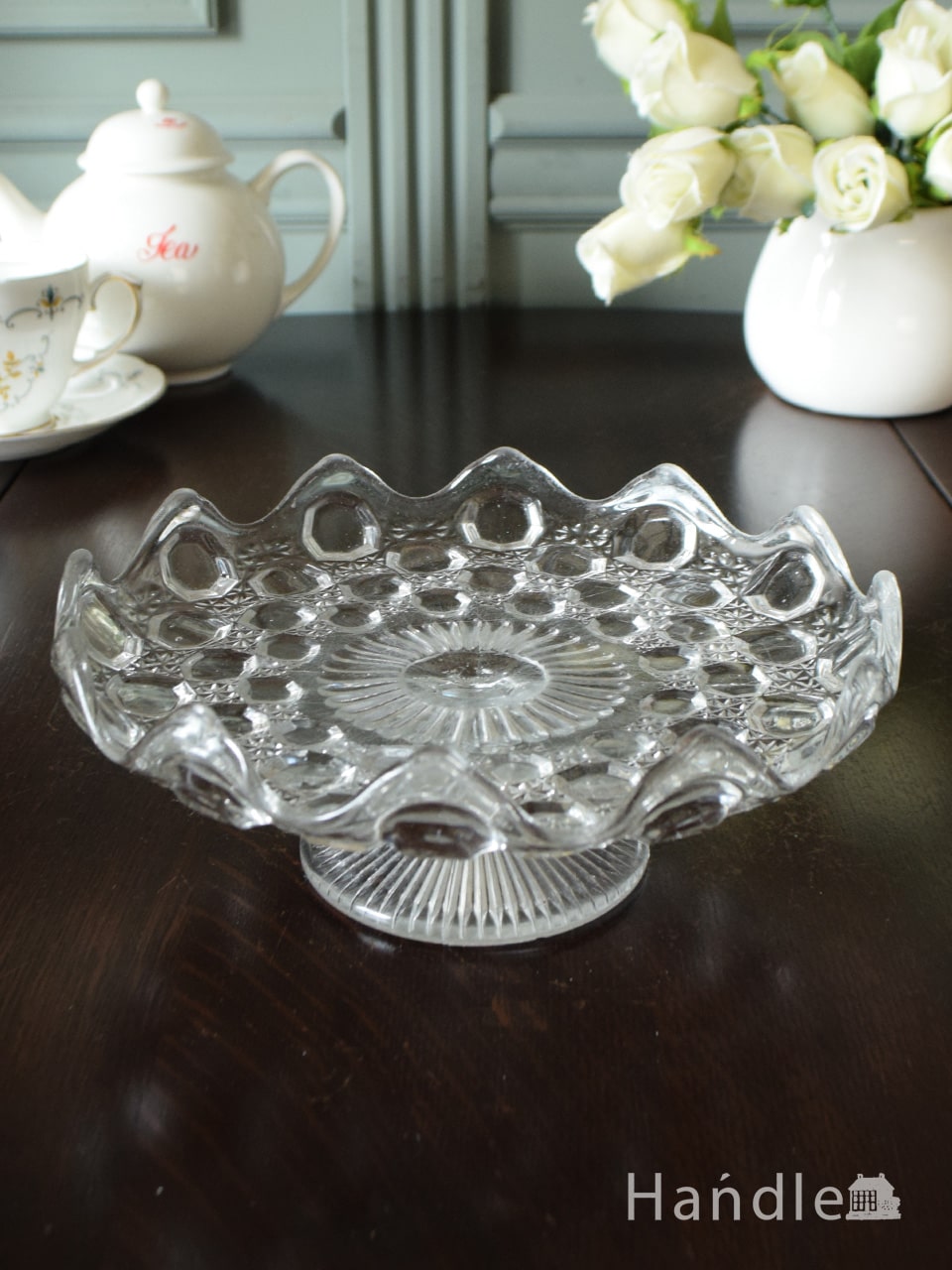 アンティークガラスのケーキスタンド、水玉模様の美しいプレスドグラス (pg-7404)