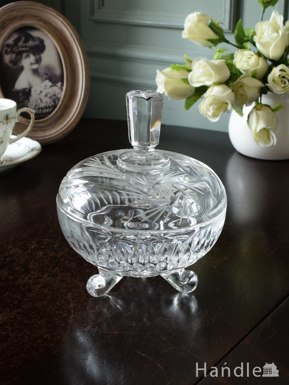 アンティークガラスのおしゃれな器、プレスドグラスのキャニスター(pg