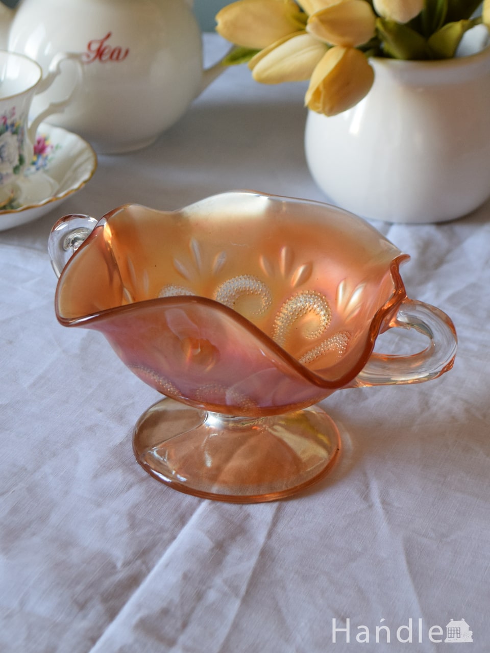 英国アンティークのガラス食器、幻想的なオレンジ色のアンティークガラスのコンポート（カーニバルグラス） (pg-8009)