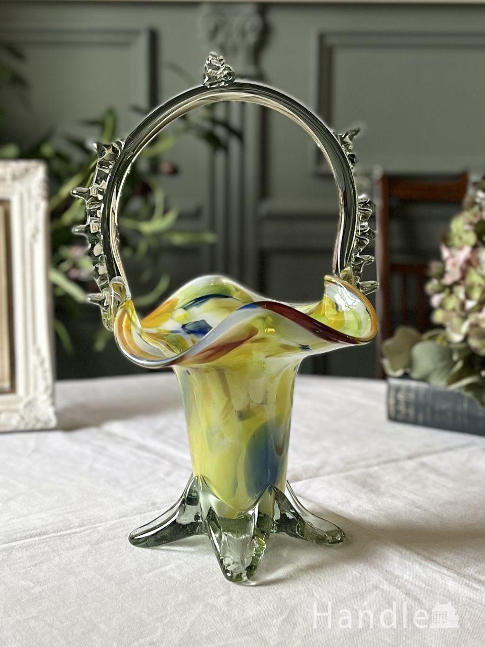 マーブル模様のガラスが美しいアンティークガラスの器、エンドオブデイズのガラスのバスケット (k-6010-z)