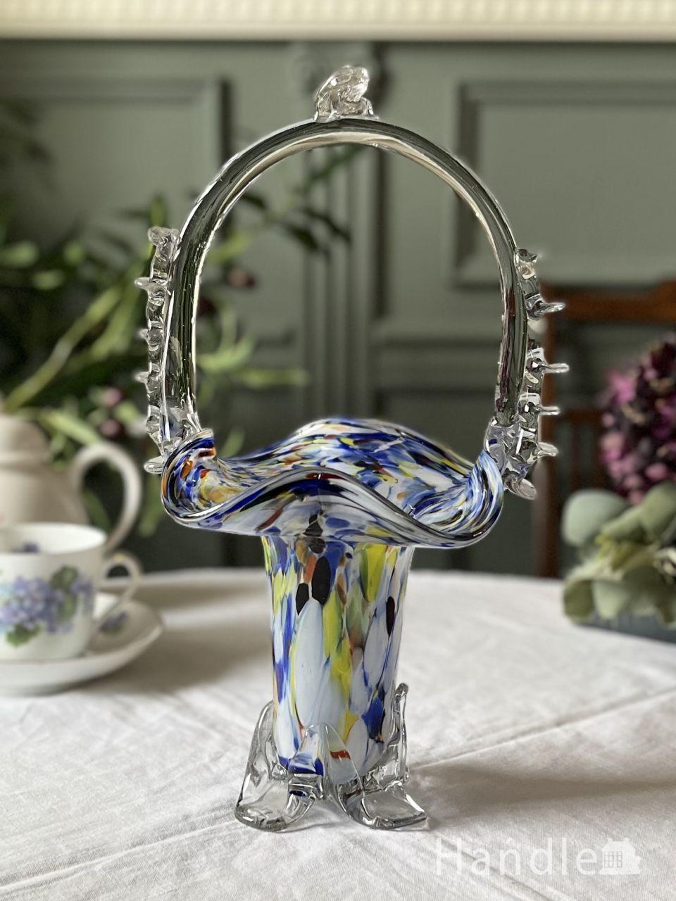 イギリスから届いたアンティークガラスの器、マーブル模様が美しいエンドオブデイズのバスケット