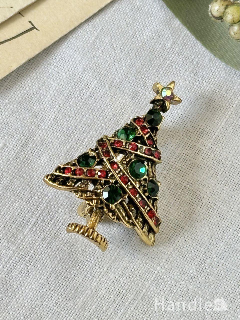 クリスマスのおしゃれなビンテージアクセサリー、きらきら輝くクリスマスツリーのブローチ (m-9718-z)