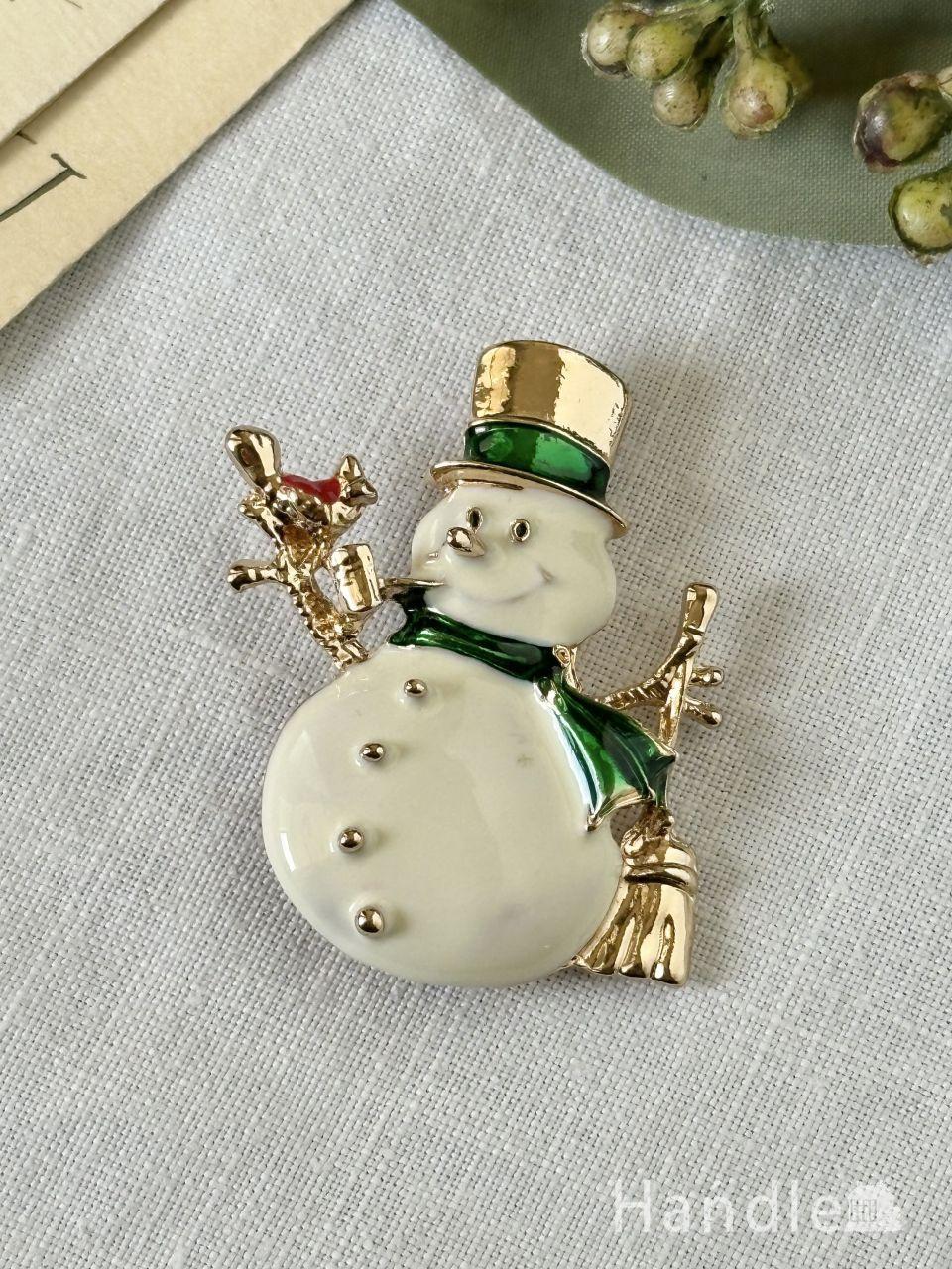 幸せを運ぶグリーン色のマフラーを巻いたスノーマン、イギリスから届いたビンテージのおしゃれなブローチ