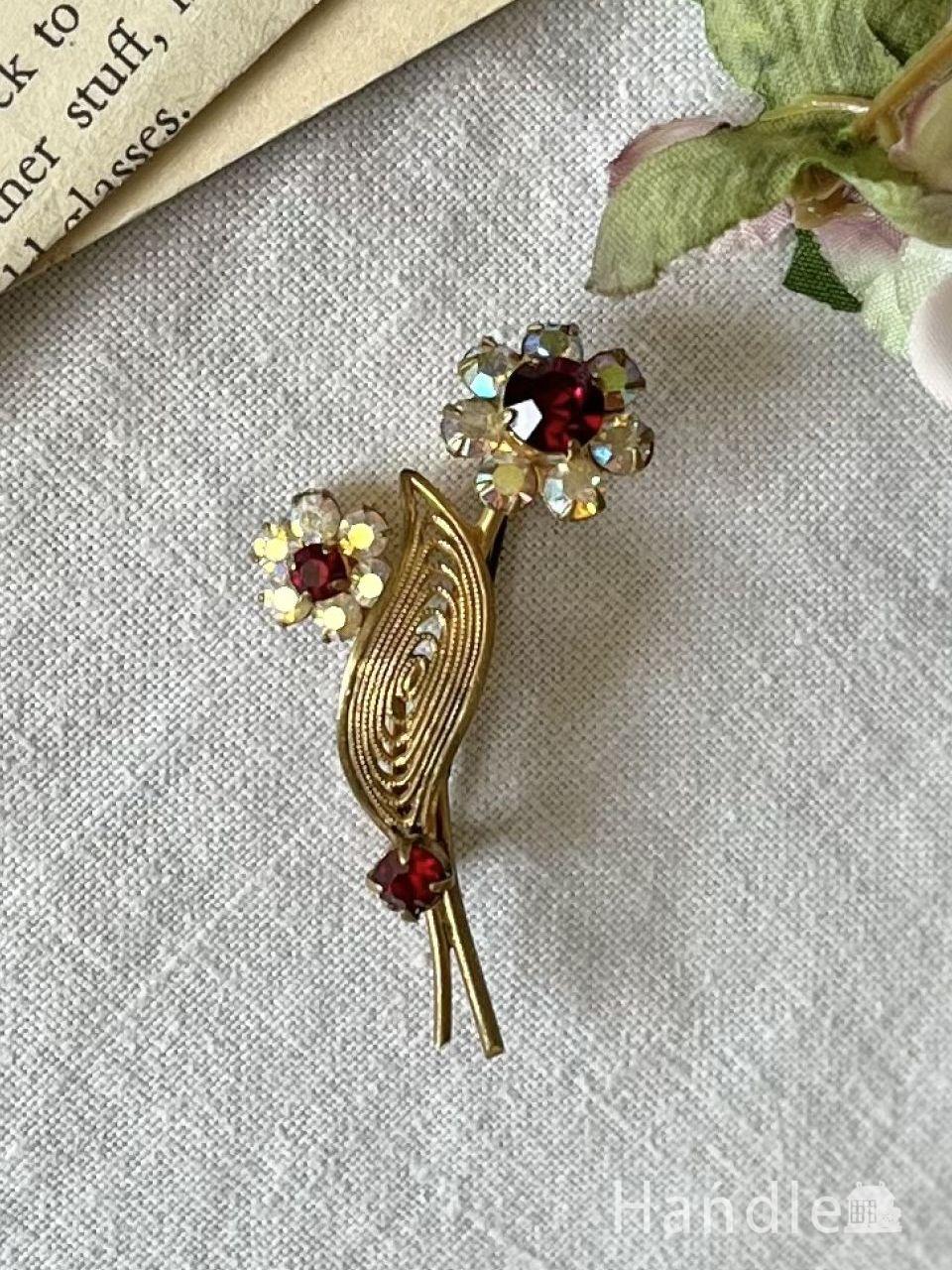 オトナ色の深紅のお花が美しいビンテージブローチ、イギリスから届いたアンティークアクセサリー (h-1465-z)