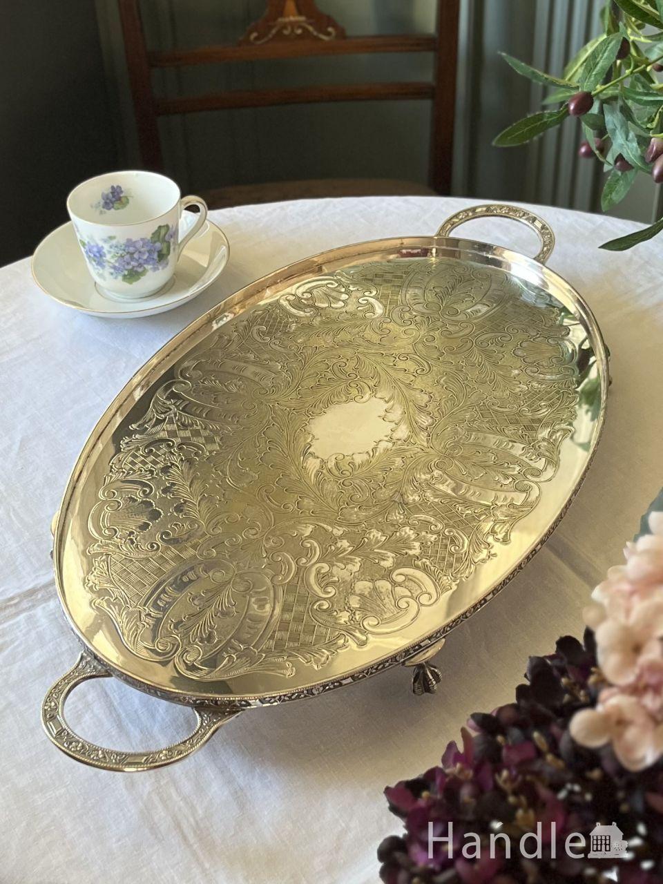 VINERSの美しいシルバープレートのギャラリートレイ、最高級シェフィールドのアンティーク持ち手＆猫足付きトレー