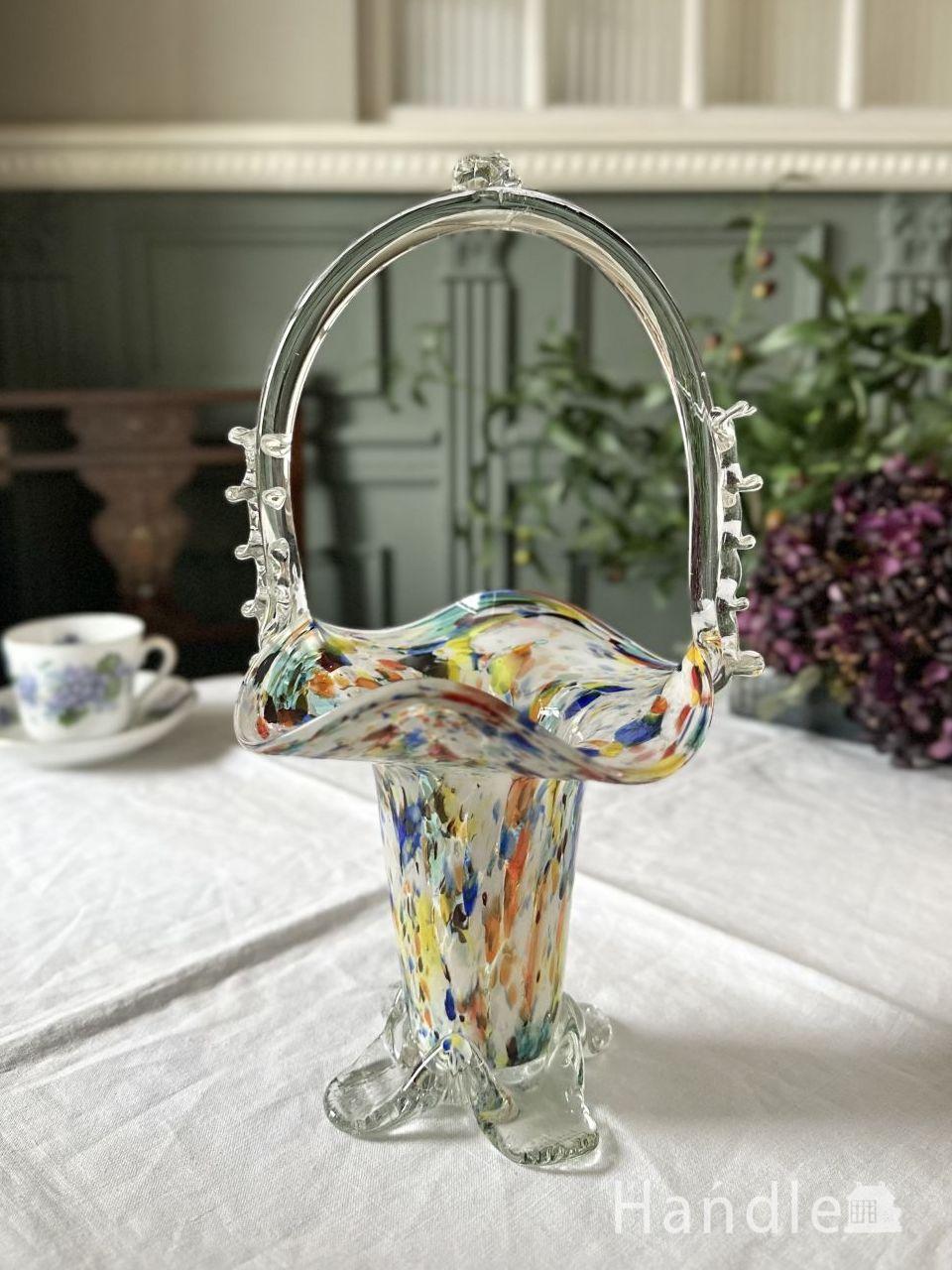 マーブル模様のガラスが美しいアンティークガラスの器、エンドオブデイズのガラスのバスケット