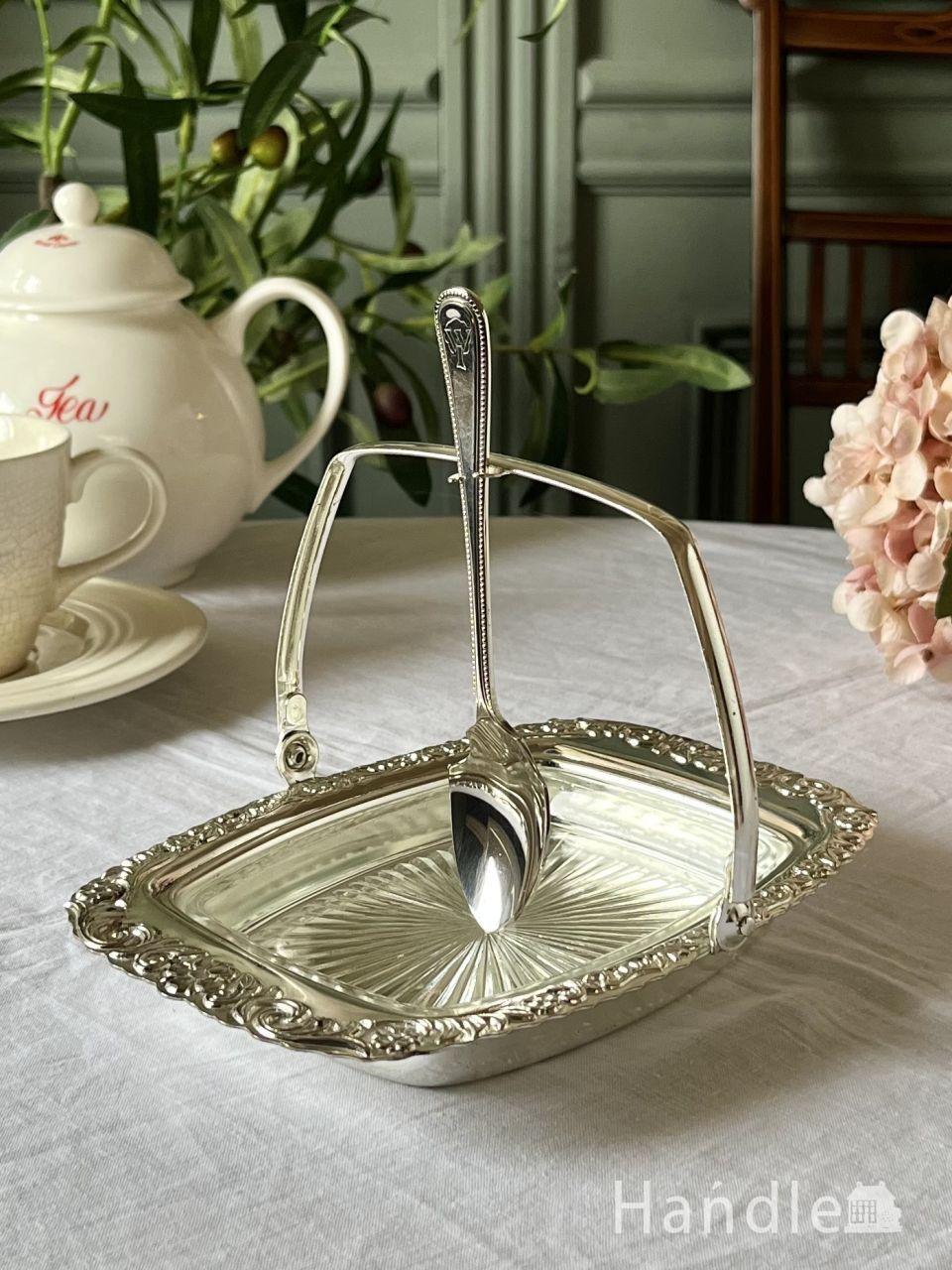 シェフィールドのおしゃれなアンティーク食器、英国シルバープレートのスプーン付きのジャムディッシュ