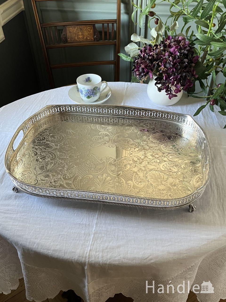 クロウ＆ボール脚が幸せを運んできてくれるトレイ、英国シェフィールドのアンティークシルバーのトレイ (m-9880-z)