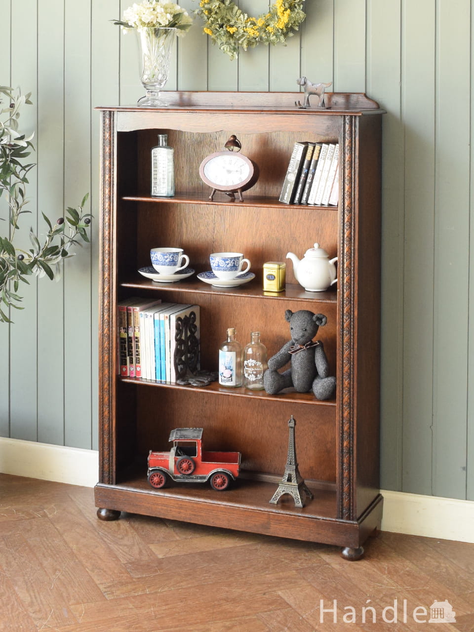 英国のアンティークのおしゃれな本棚、オーク材のオープンブックシェルフ