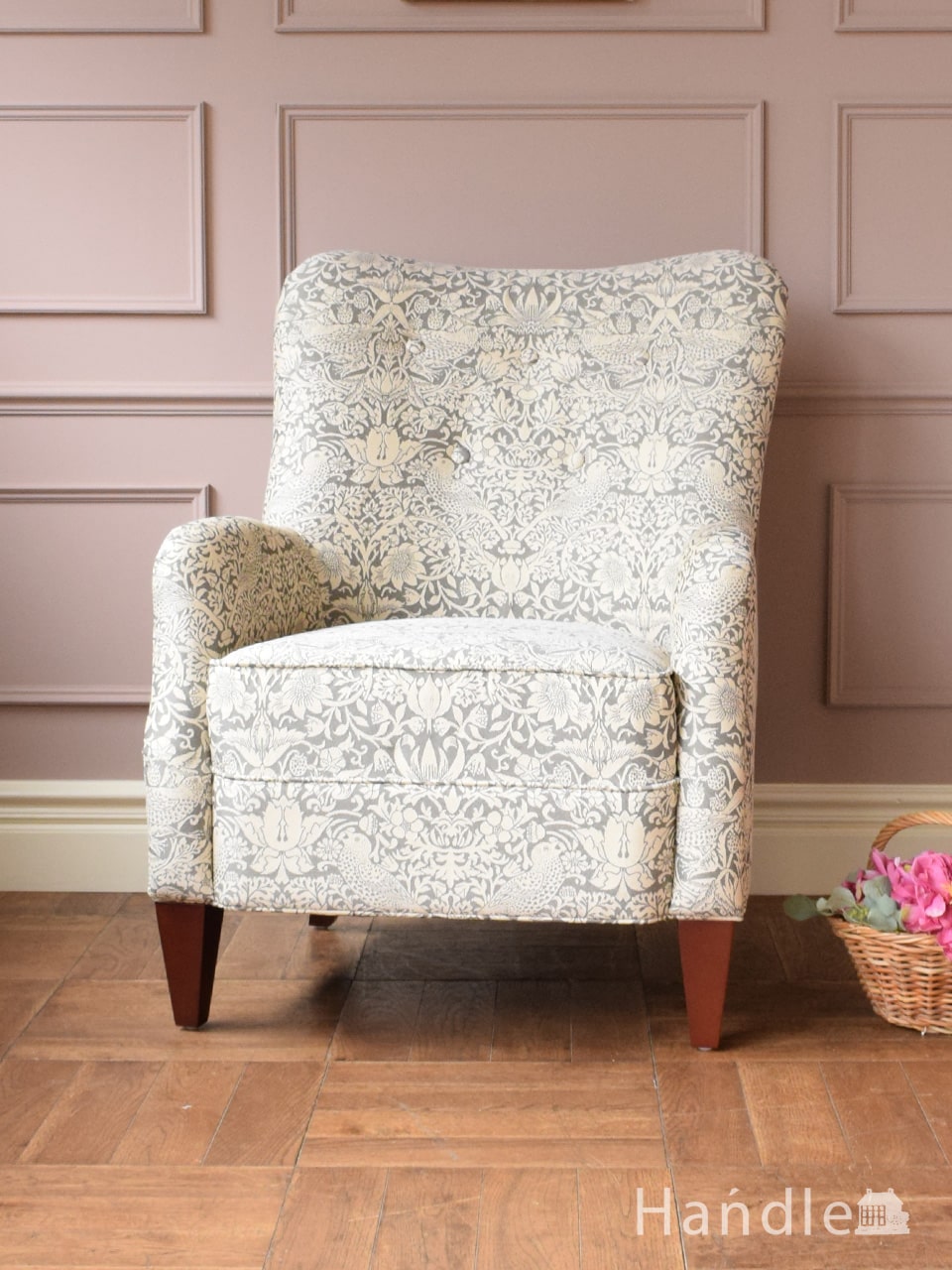 ウィリアムモリス風のおしゃれな椅子、華やかなデザインのアームチェア（ジェニファーテイラー・グレー） (y-550-c)