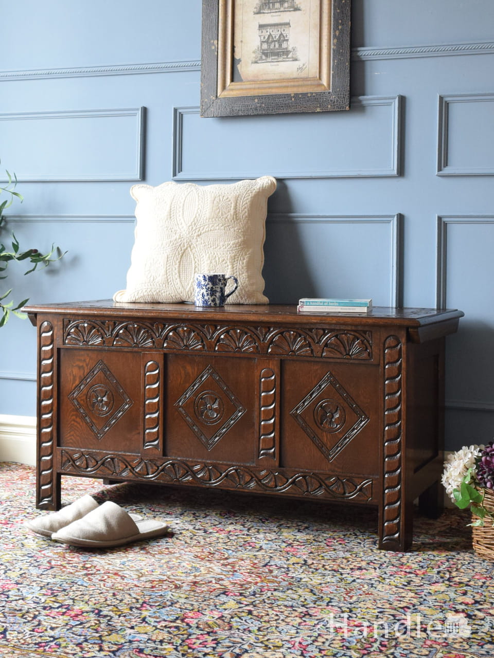 ルネットで囲まれた美しい収納ボックス、英国アンティークのブランケットボックス (j-3699-f)