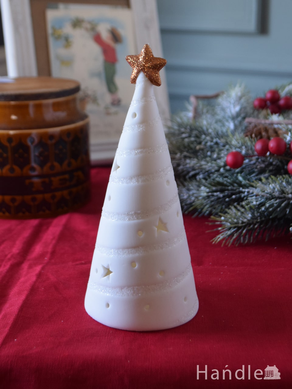 お洒落なクリスマス雑貨、陶器で出来た可愛いツリーのオブジェ（LEDライト付き）(cm-173)｜インテリア雑貨