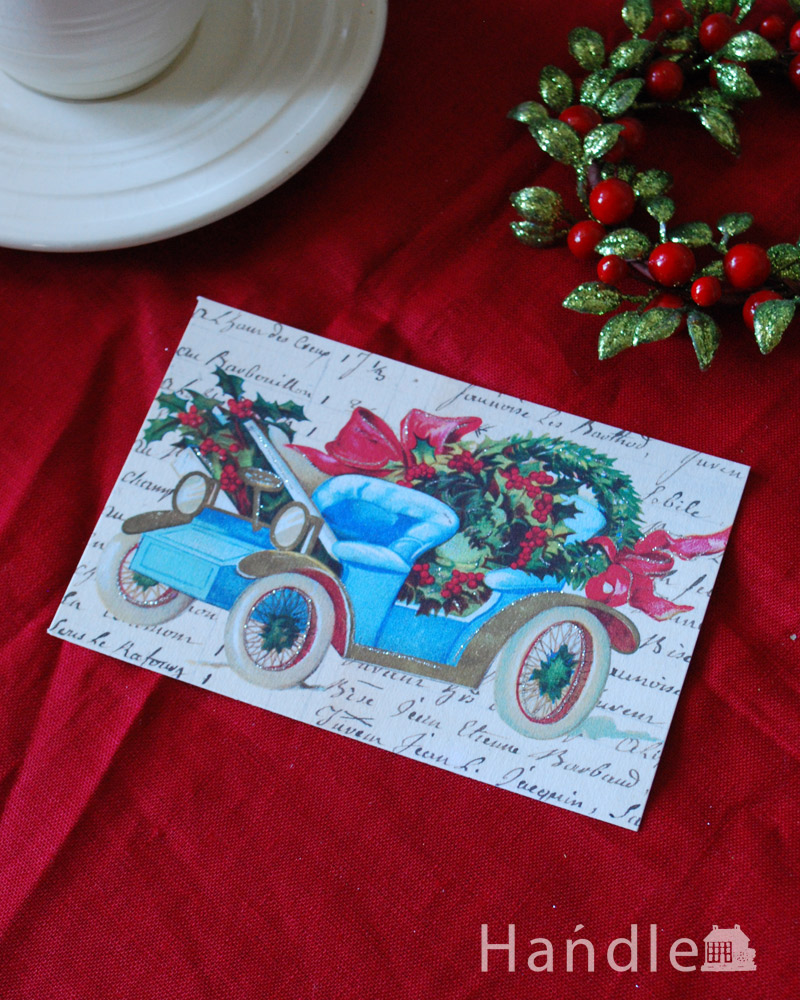 カバリーニ社のクリスマス限定ポストカード（クラシックカーとリース） (cm-45)