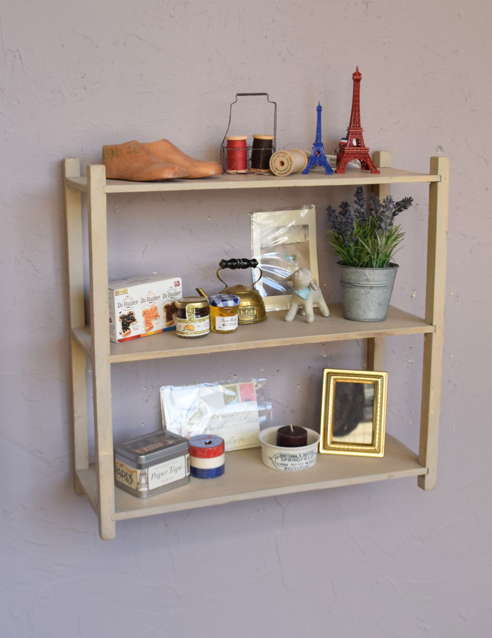 フレンチスタイルのお洒落なアンティークウッドシェルフ、ディスプレイラック (d-1073-f)