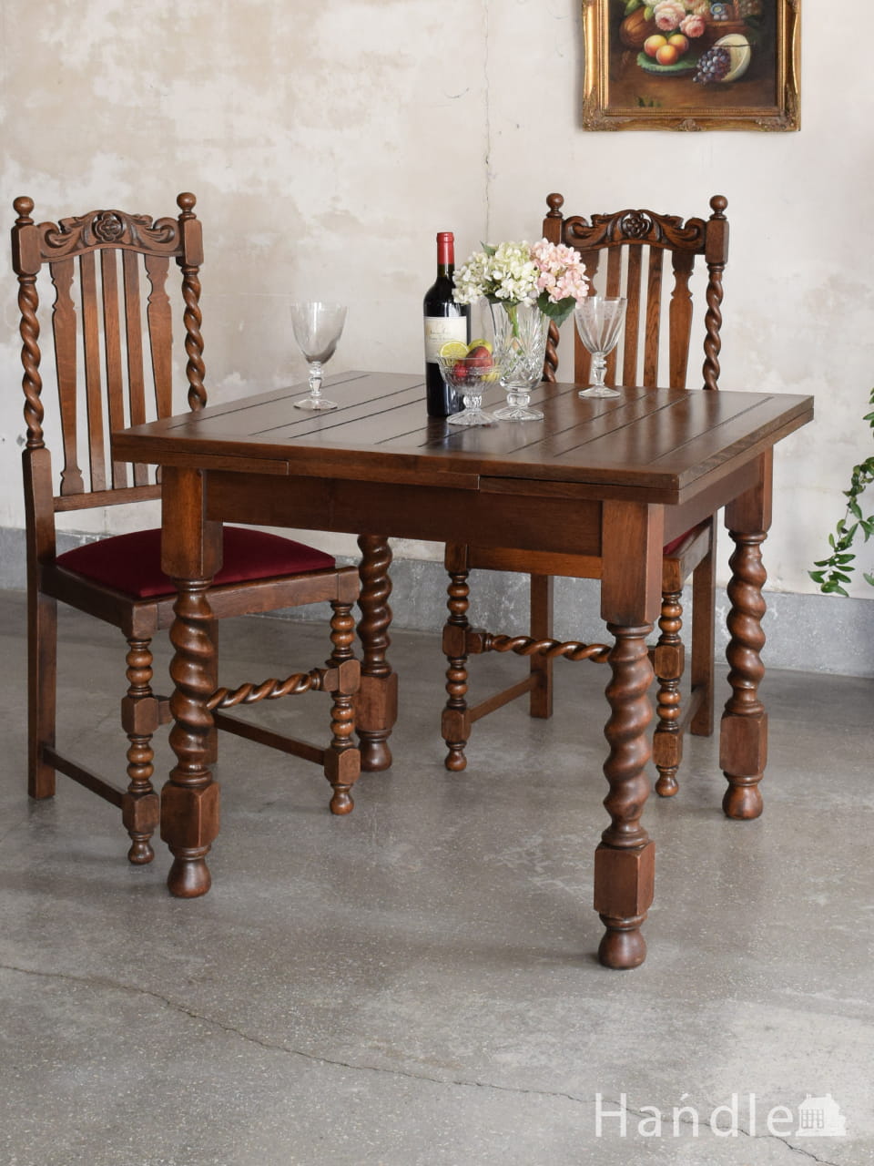 立派なツイストが魅力的なドローリーフテーブル、英国アンティークの伸長式ダイニング (q-3473-f)