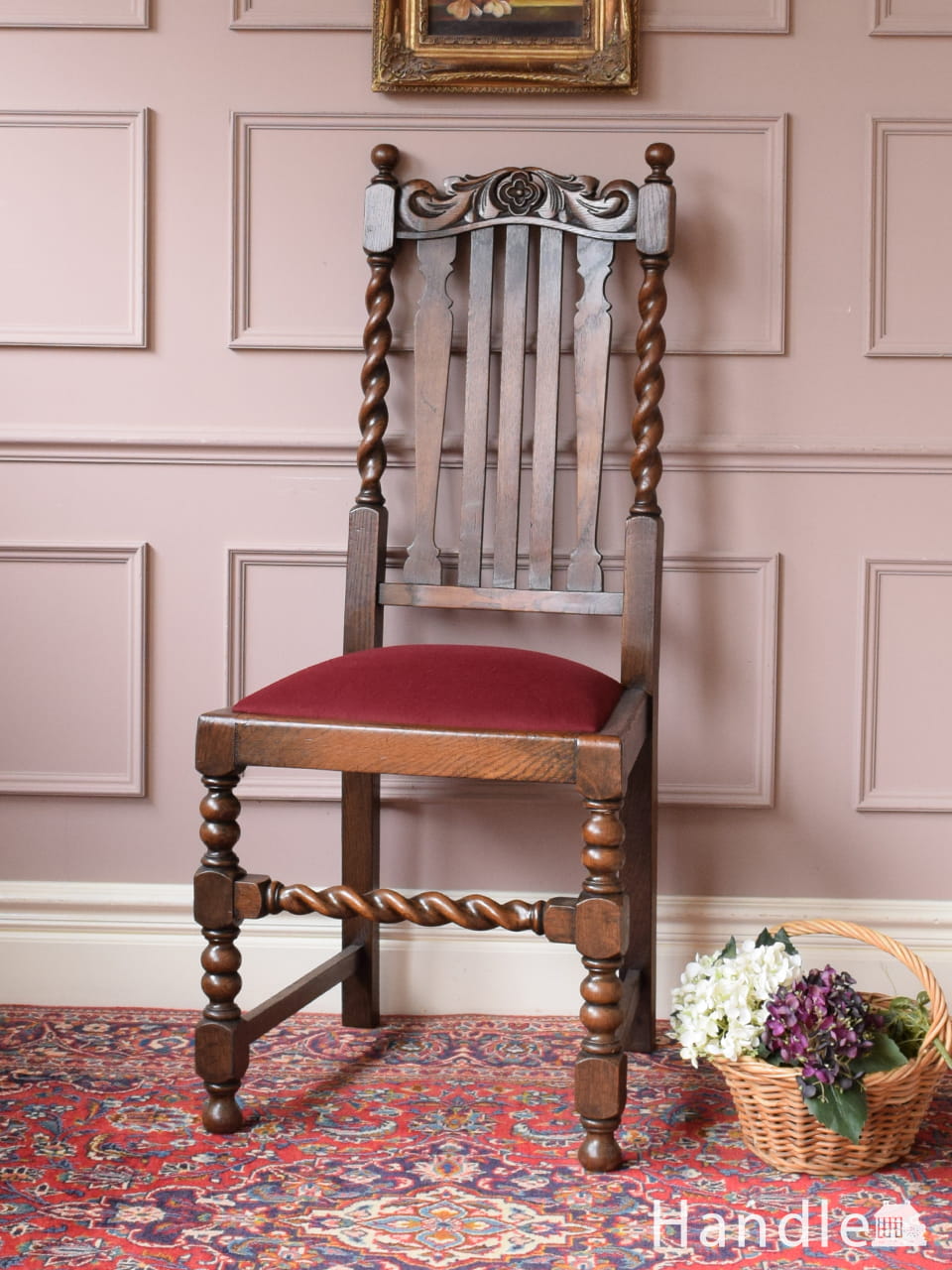 英国アンティークのオーク材のダイニング椅子、ツイストがおしゃれなダイニングチェア