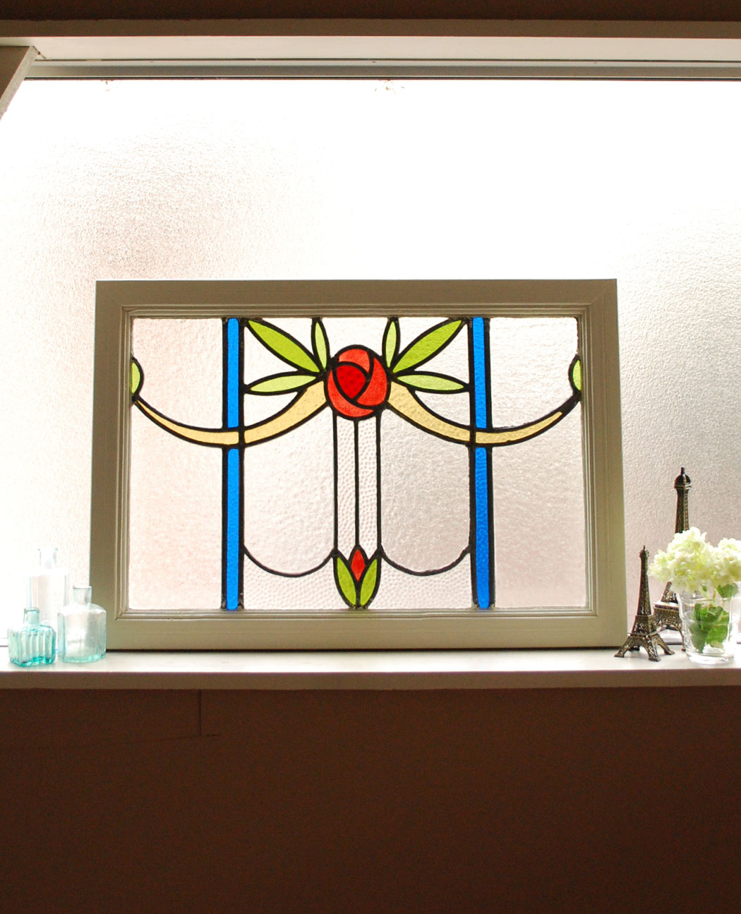 コバルトブルー×華やかなローズ　アンティークステンドグラス (g-900)