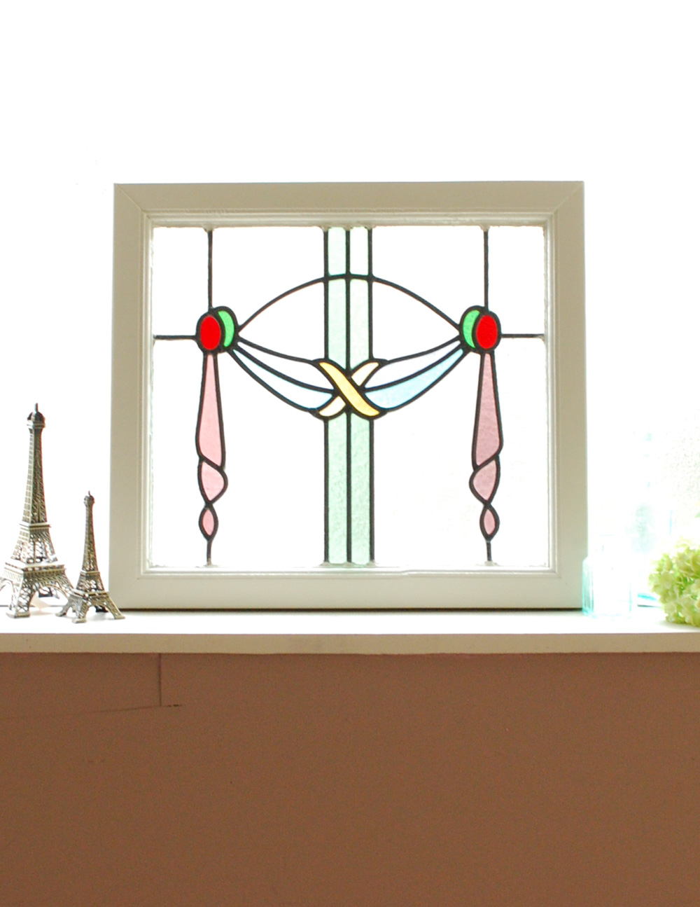 パステルカラーのリボンのアンティーク ステンドグラス (g-916)