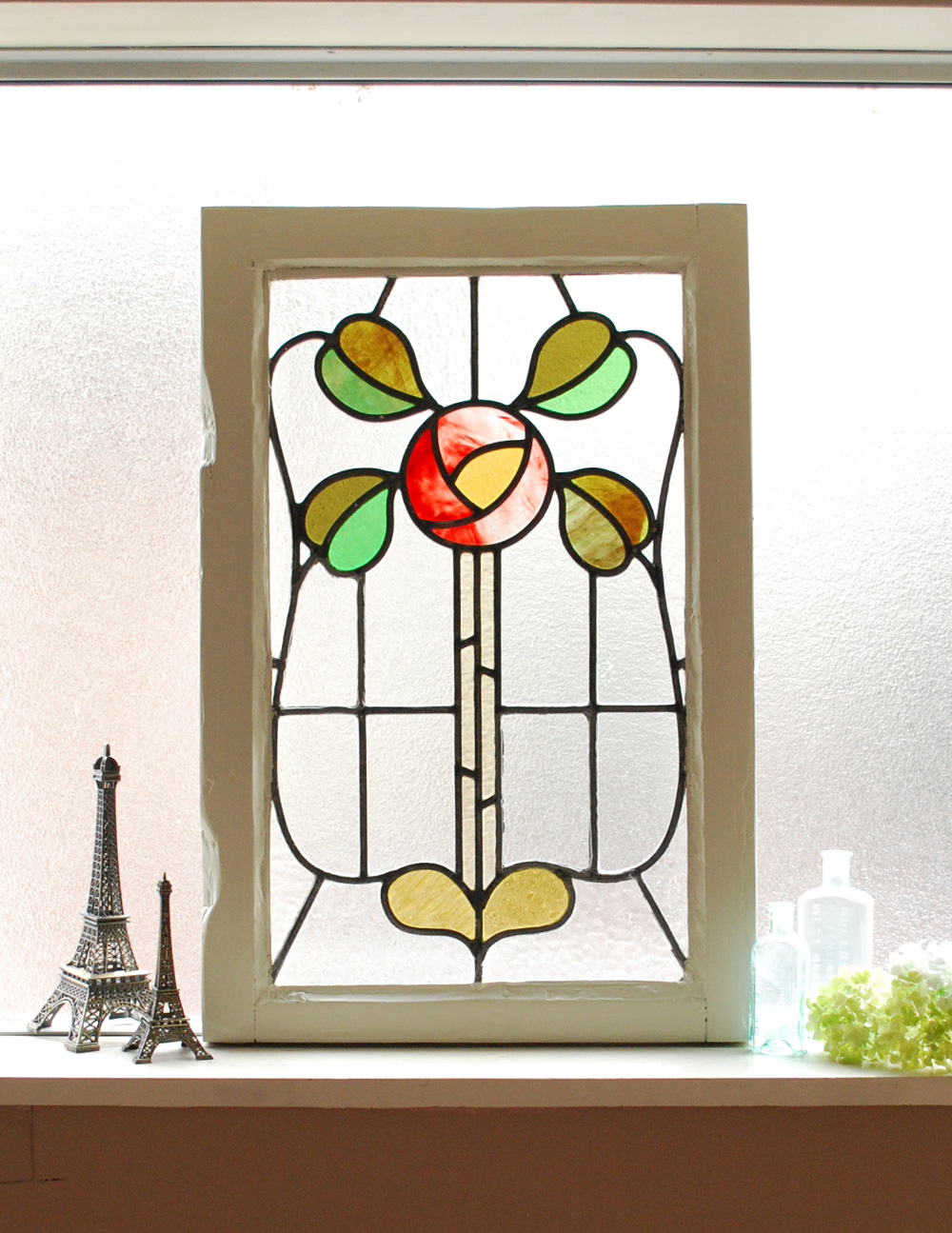 マーブル模様のバラ×ハートのリーフ、アンティークステンドグラス (g-941)