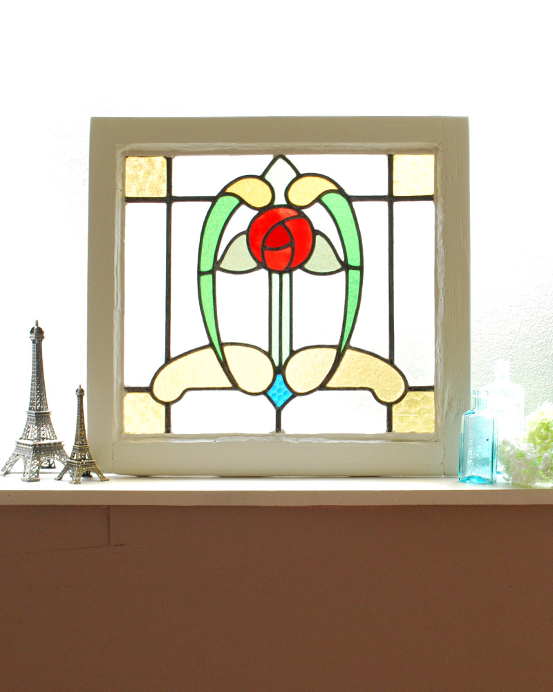 ドット模様のイエローガラス×赤い薔薇のエレガントなアンティーク ステンドグラス (g-986)
