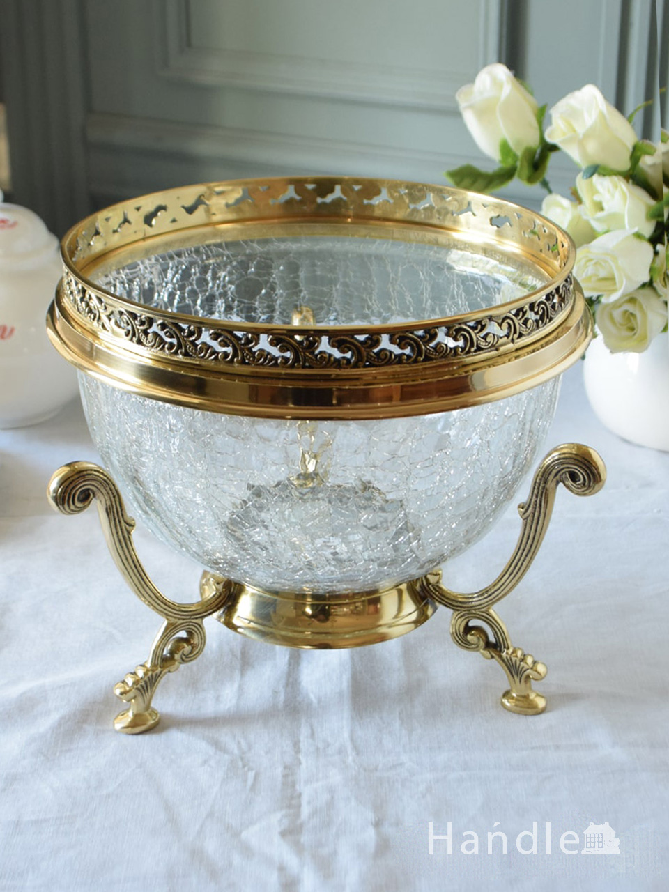 アンティーク風のガラスが美しい食器、真鍮製の装飾が付いたコンポート (n5-232)