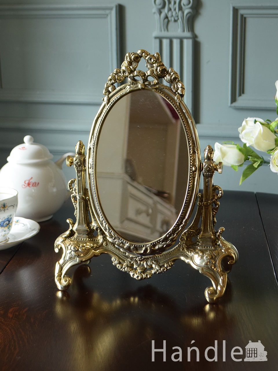 イタリアから届いたおしゃれな鏡、リボンとミニ薔薇の豪華なスタンドミラー (n8-116)