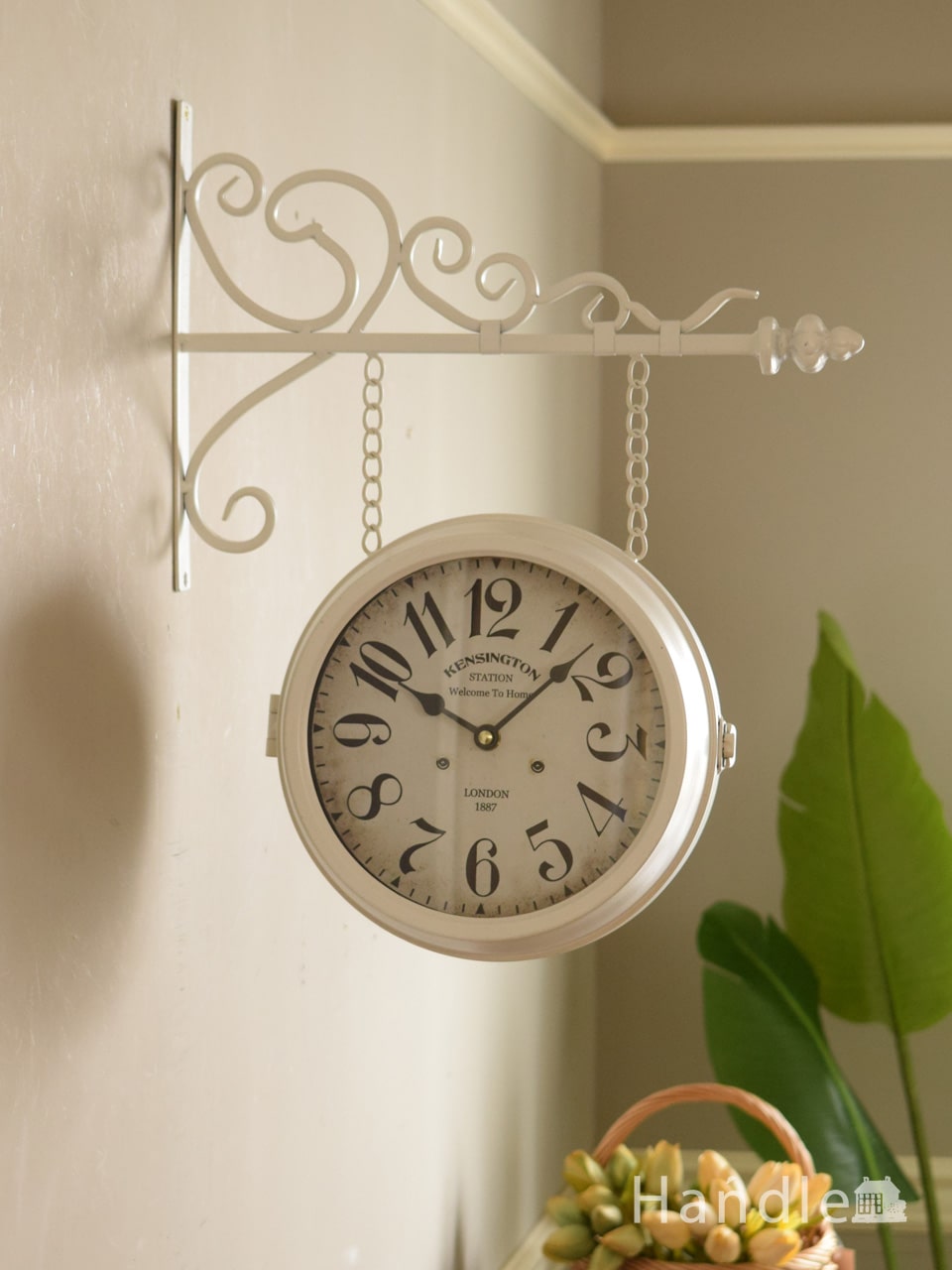 アンティーク調のおしゃれな壁掛け時計、ウォールダブルクロック（ホワイト） (n8-136)