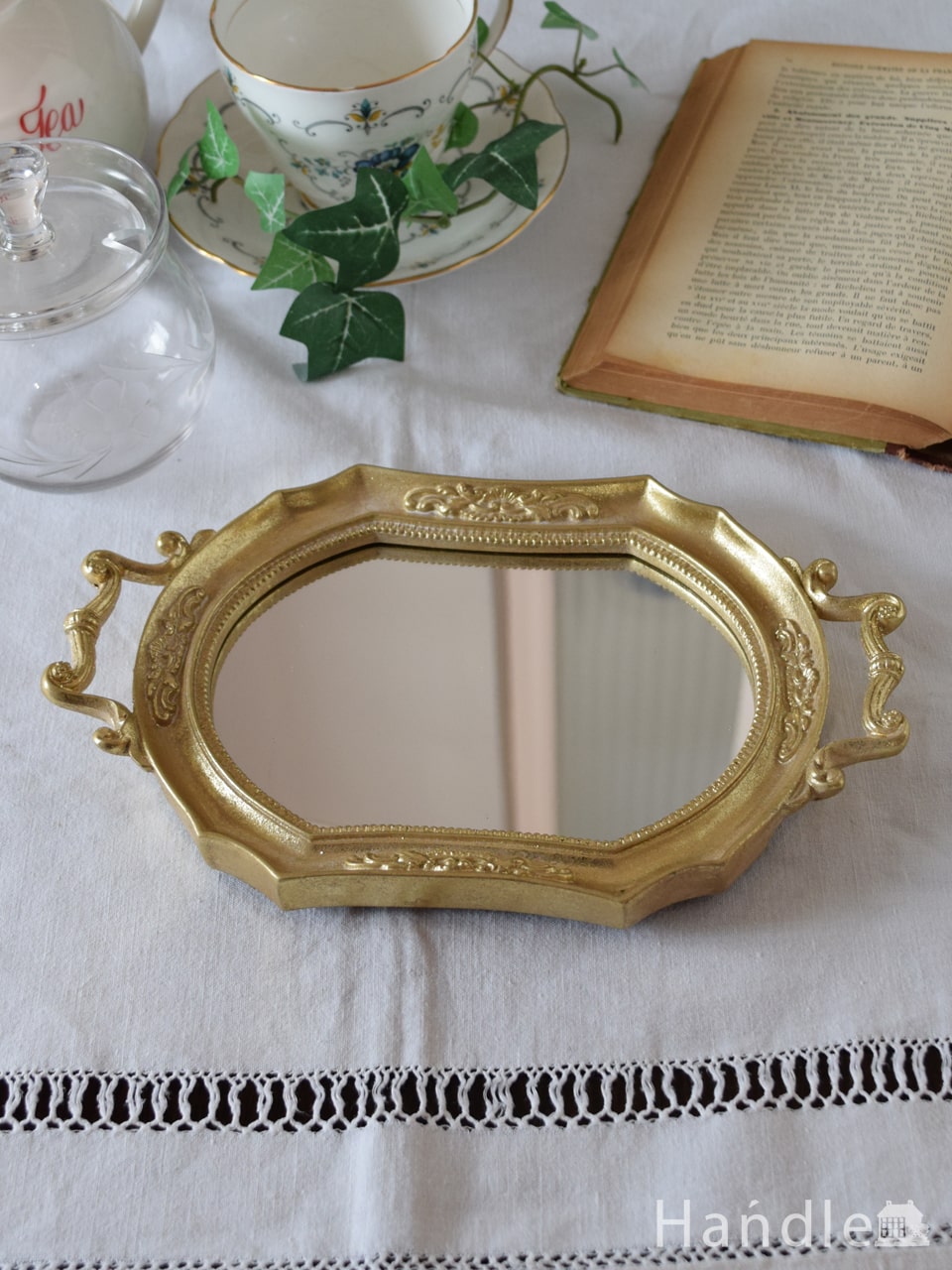 アンティーク風のおしゃれな鏡、いろんな使い方を楽しめるミラートレイ（アーチ ・Champagne） (n8-124)