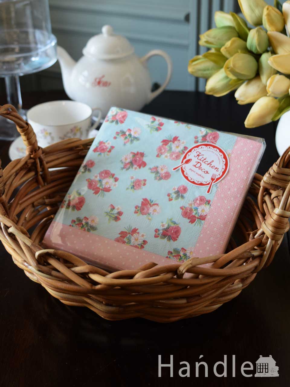華やかなお花のブーケのペーパーナプキン、ラッピングにも使えるおしゃれな紙ナプキン（ピンク×イエロー） (n18-489)