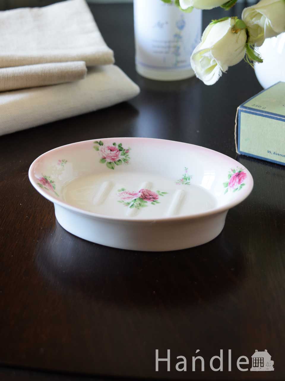 陶器製のソープディッシュ、ピンクの花柄が可愛いおしゃれな石鹸置き