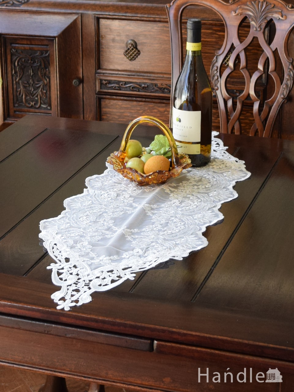 フレンチアンティーク調のテーブルランナー、華やかなお花の刺繍のレース30×90（ホワイト） (n20-106)