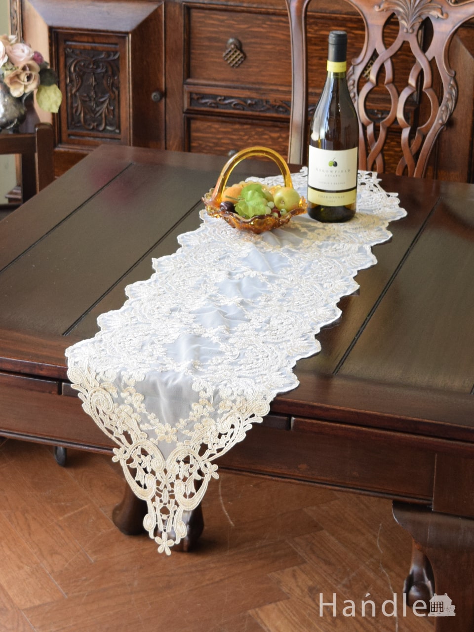 フレンチアンティーク調のテーブルランナー、華やかなお花の刺繍のレース120×30 (n20-110)