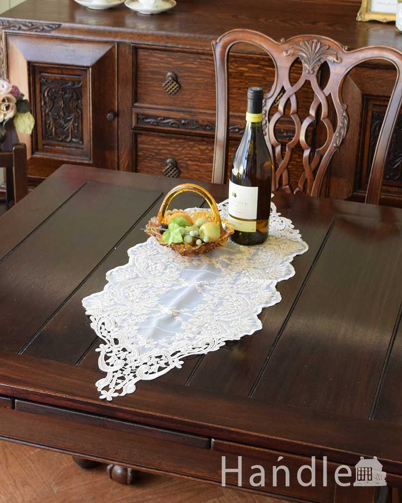 フレンチアンティーク調のテーブルランナー、華やかなお花の刺繍のレース30×90 (n20-107)