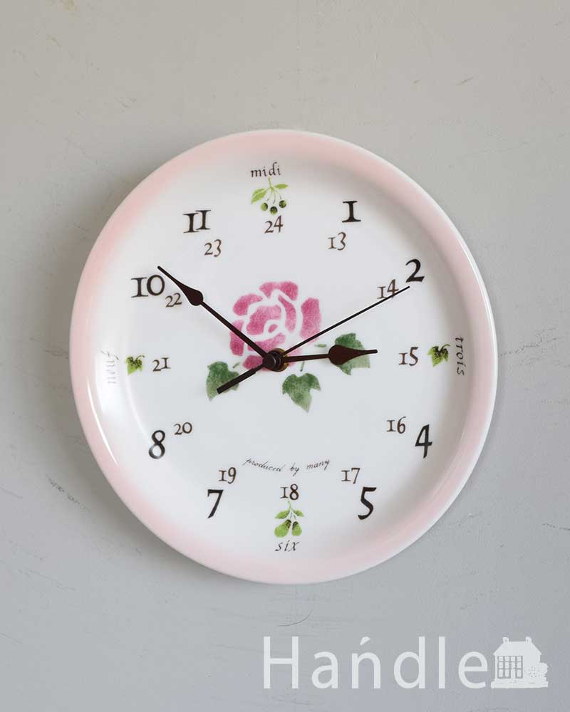 おしゃれな壁掛け時計、ピンクのバラ模様が描かれたレトロな文字盤のウォールクロック（ラウンド・ローズ） (n23-016)