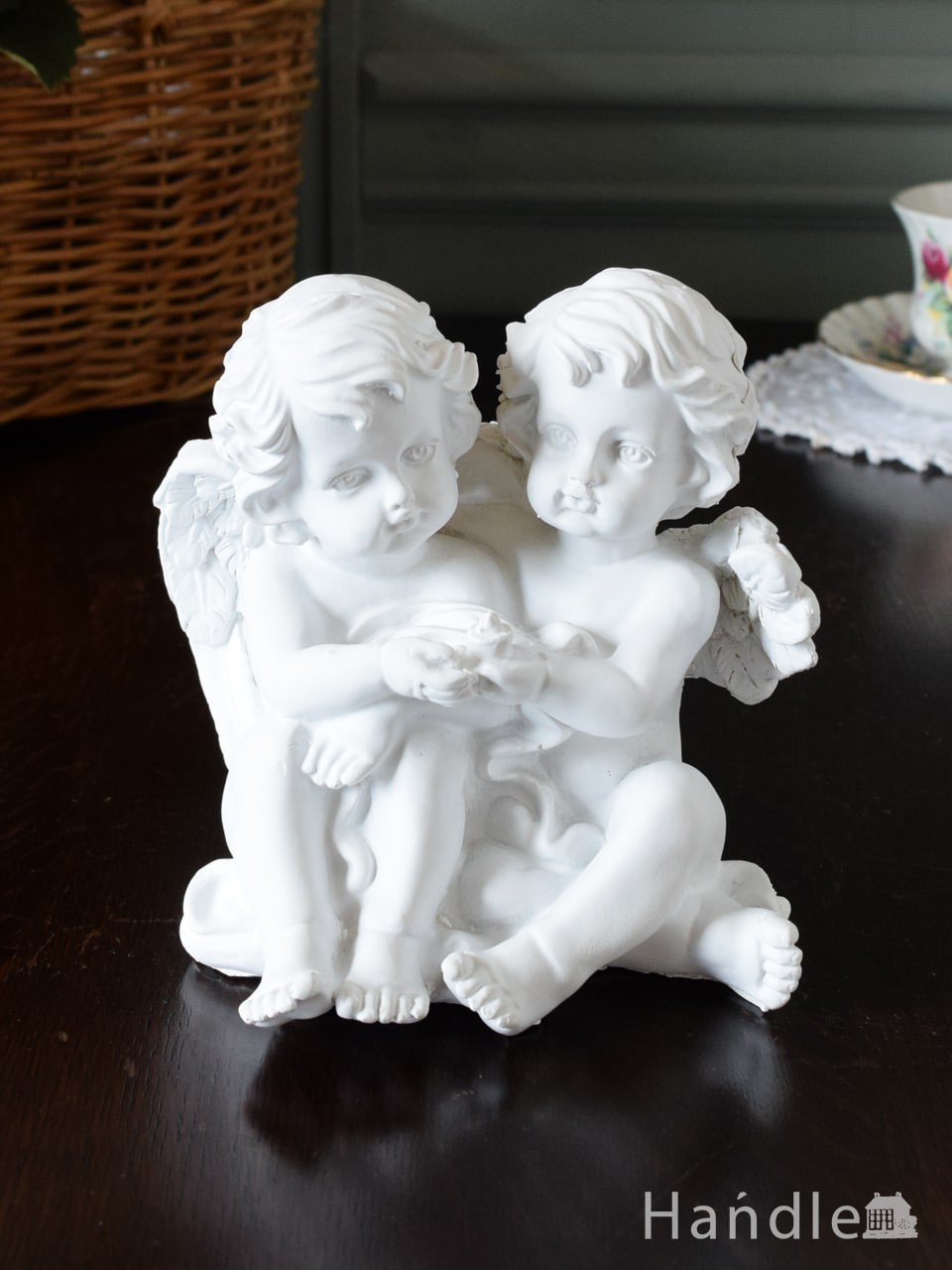 アンティーク風の可愛いディスプレイ雑貨、2人の天使がお話をしている姿が可愛いオブジェ (n20-289)