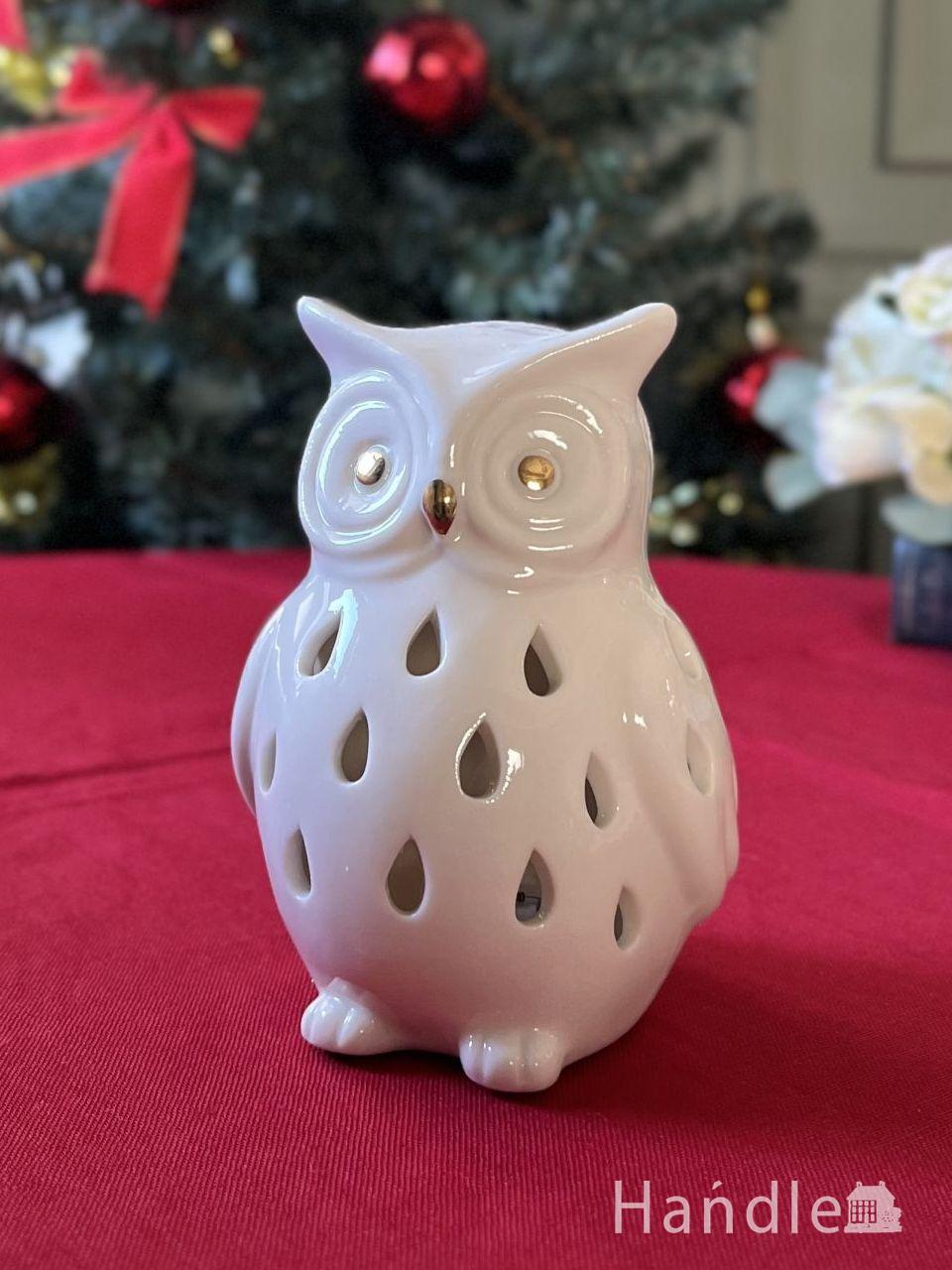 しずく型の模様が輝く陶器のLEDライト、セラミックで出来たフクロウのオブジェ (cm-365)