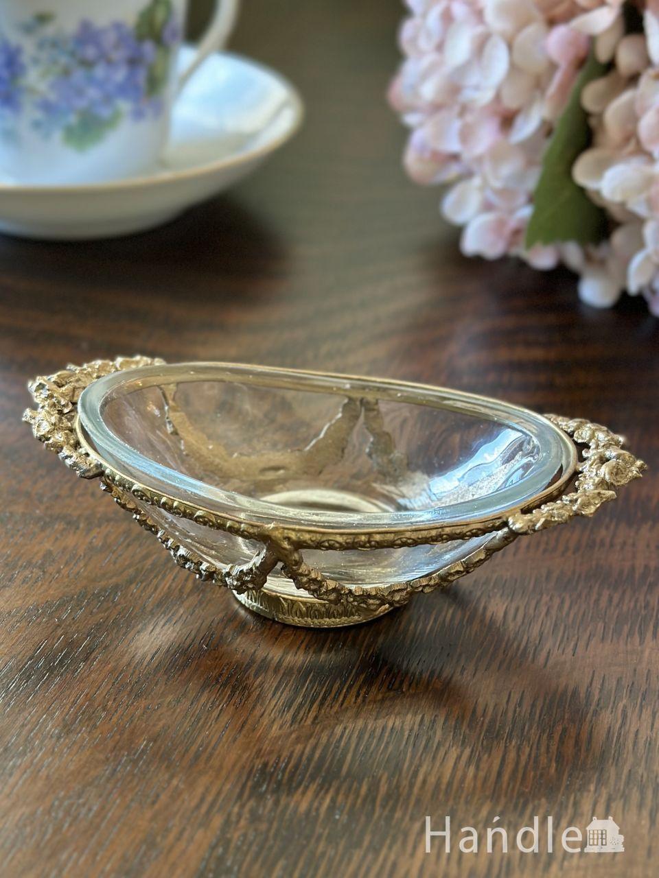 アンティーク風のおしゃれなトレイ、ガラス✕真鍮製の小物入れ (n21-139)