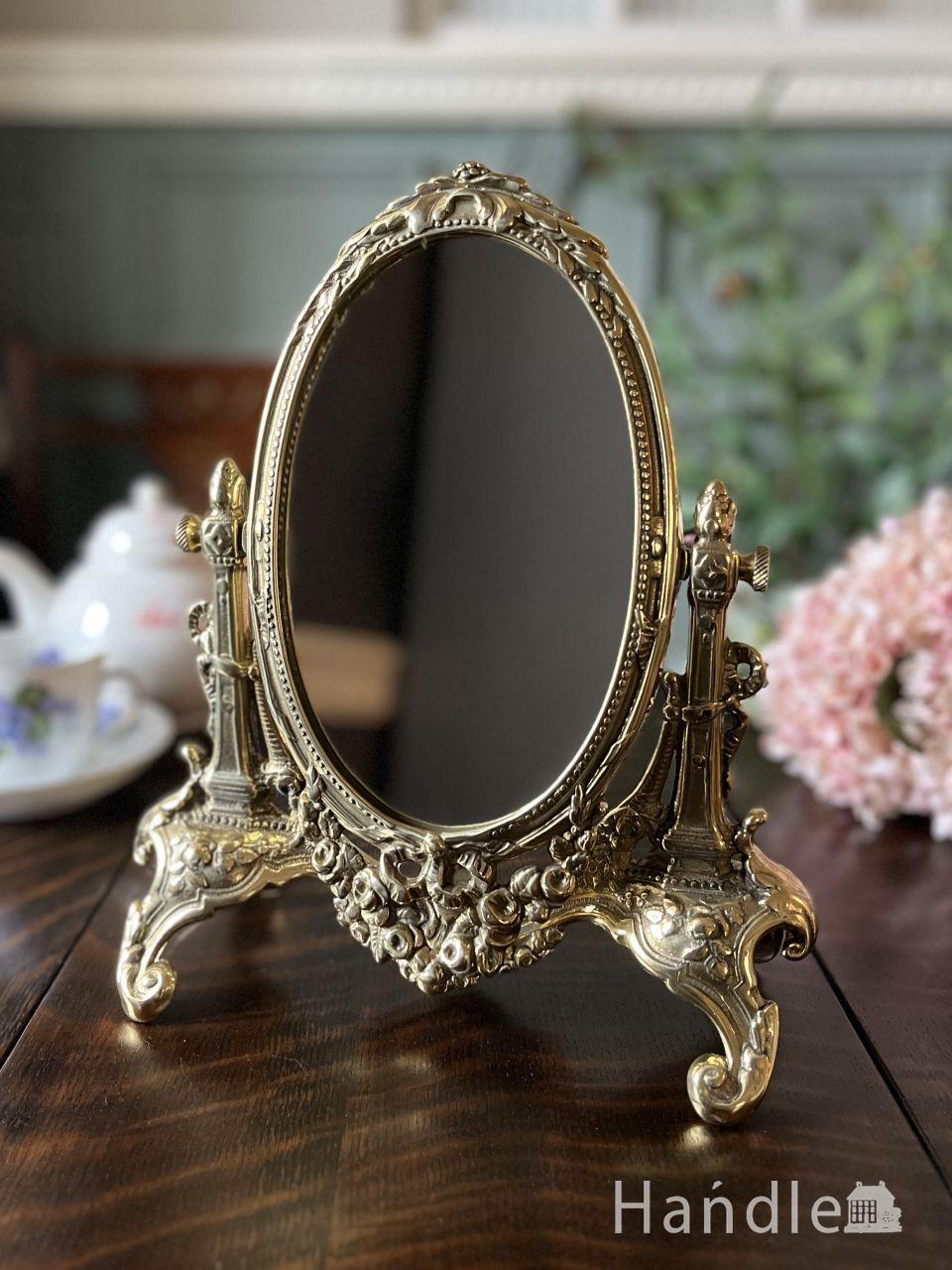 イタリアから届いたおしゃれな鏡、リボンとミニ薔薇の豪華なスタンドミラー (n8-116)