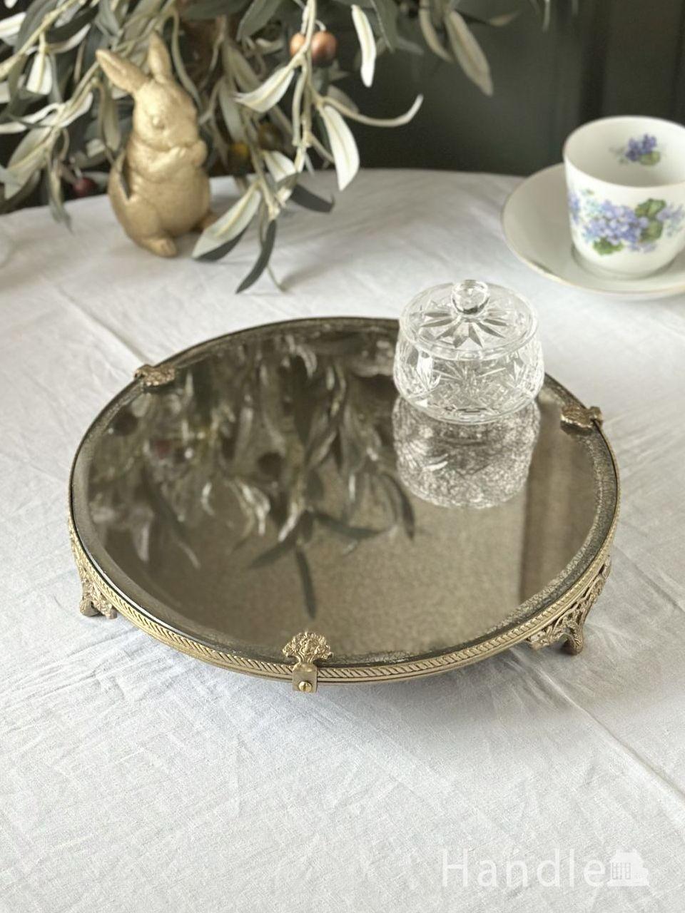 アンティーク調のおしゃれなミラートレイ、ゴールド色の真鍮製の猫足アクセサリートレイ (n20-430)