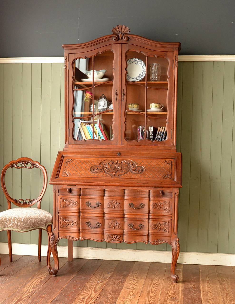 エレガントなアンティーク南仏家具、美しいブックビューロー（本棚とデスク） (j-1173-f)