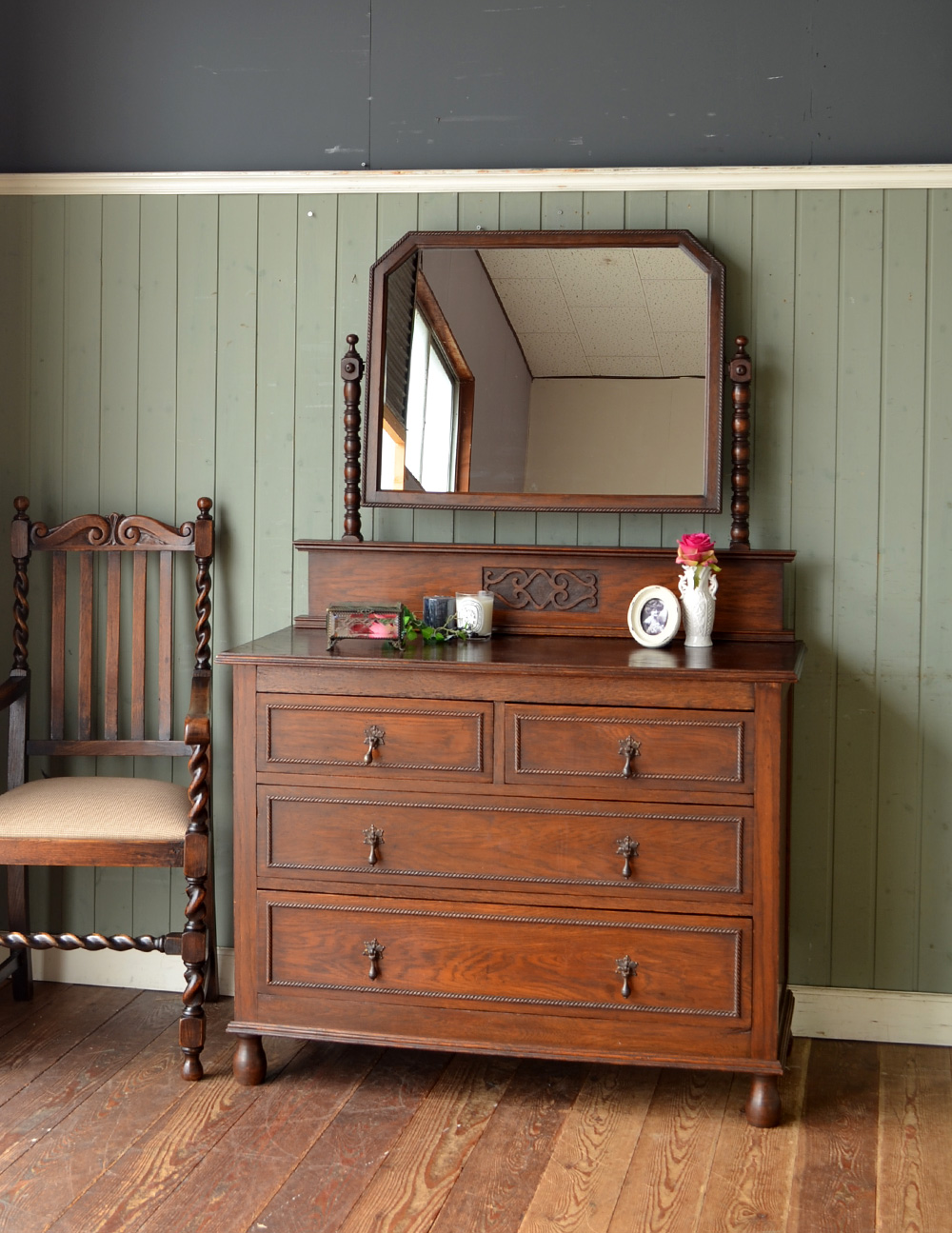 シックな英国のアンティーク家具、オーク材のドレッシングチェスト (j-1258-f)