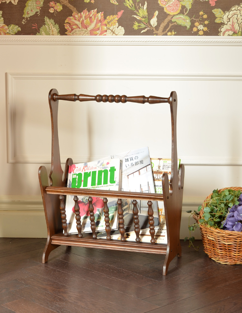 アンティークの小さな収納家具、運びやすいマガジンラック (j-1417-f)