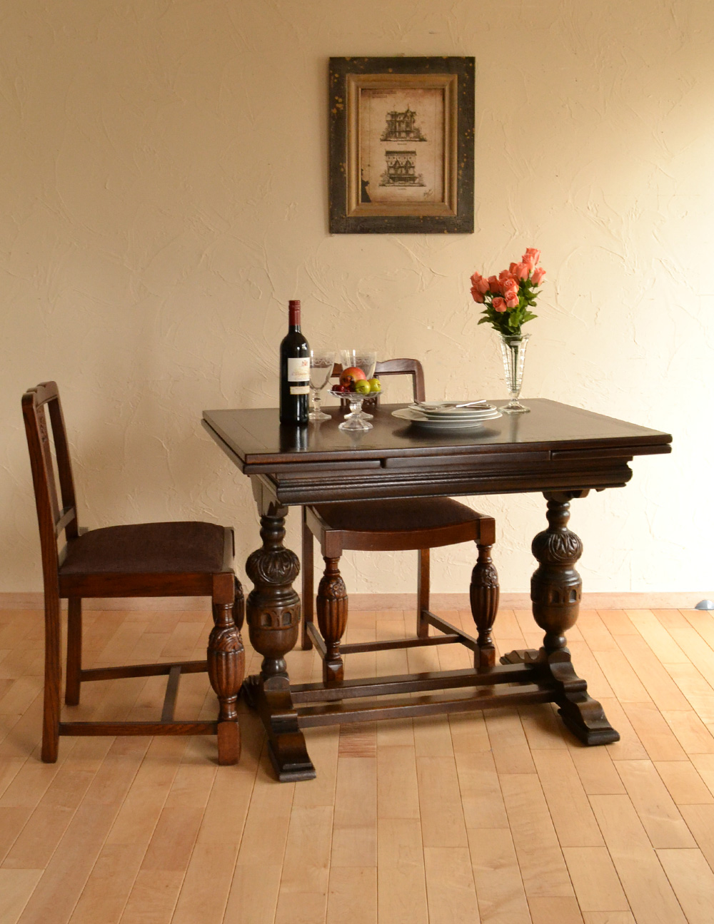 イギリスのアンティーク家具、重厚な脚のドローリーフテーブル（ダイニングテーブル）(k-1094-f)｜アンティーク家具